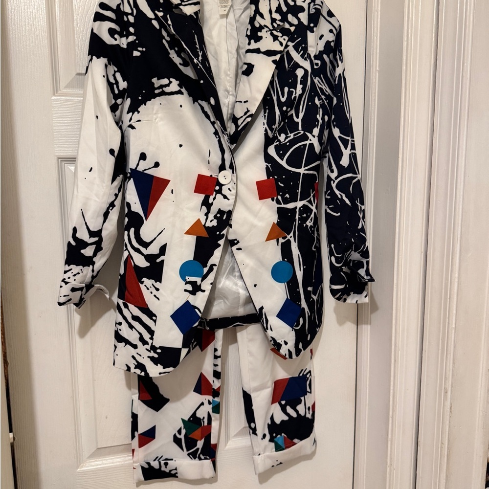 Abstract Black and White Suit with Colorful Shapes